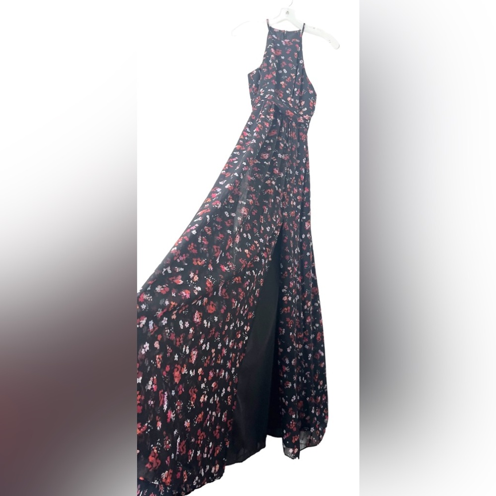 DB Studio Bridesmaid Floral Print Halter A- Line Dress with slit.
